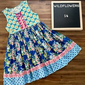 Wildflowers Best Day Ever Boardwalk Ballet Dress Blue Pink Floral Sleeveless 14